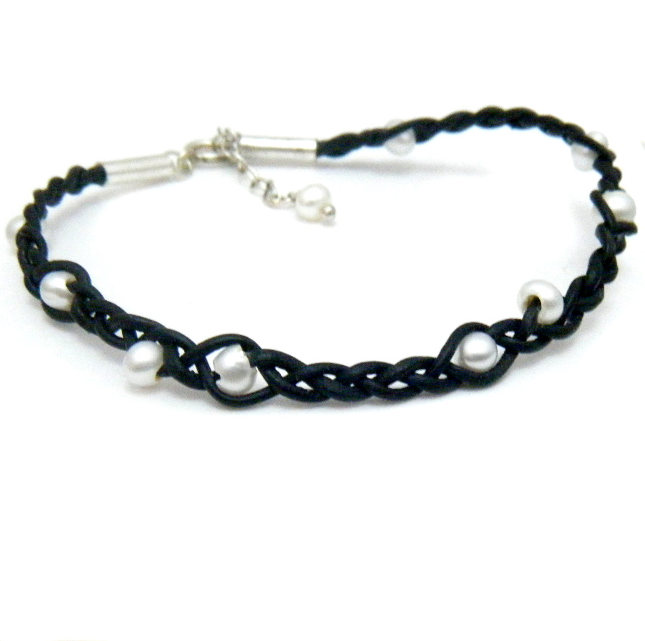 Tiny White Pearls on Black Plaited Leather